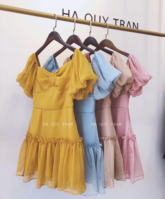 XẢ 🚀 | Ảnh Thật | Đầm Váy cổ vuông tay phồng màu vàng nổi bật cực xinh . 2020 Sale 1 Xinh new . ! : 2021 * [ HÀNG ĐẸP ]