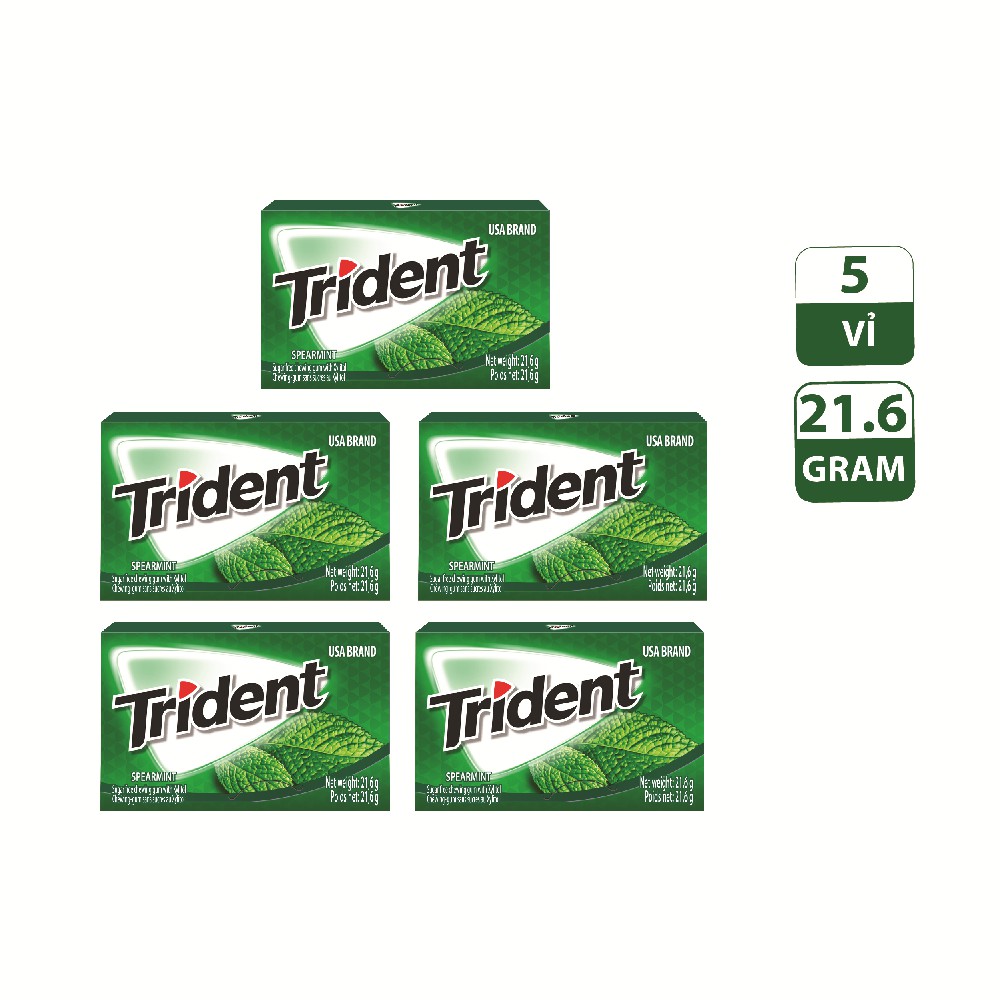 [Giảm 5K cho đơn từ 50K] Combo 5 Vỉ Kẹo Cao Su Không Đường TRIDENT Vị Bạc Hà 5x21,6g