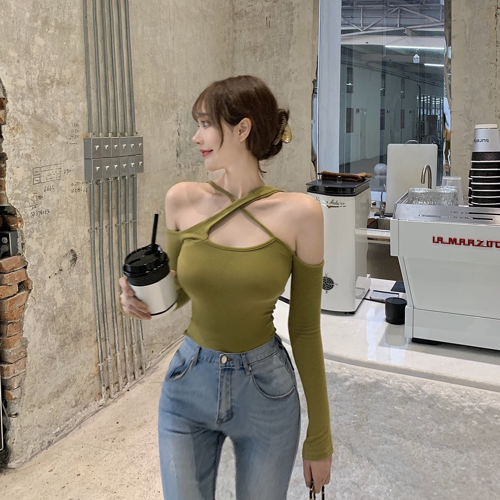 Áo thun COZOKC tay dài trễ vai dáng ôm thời trang quyến rũ cho nữ