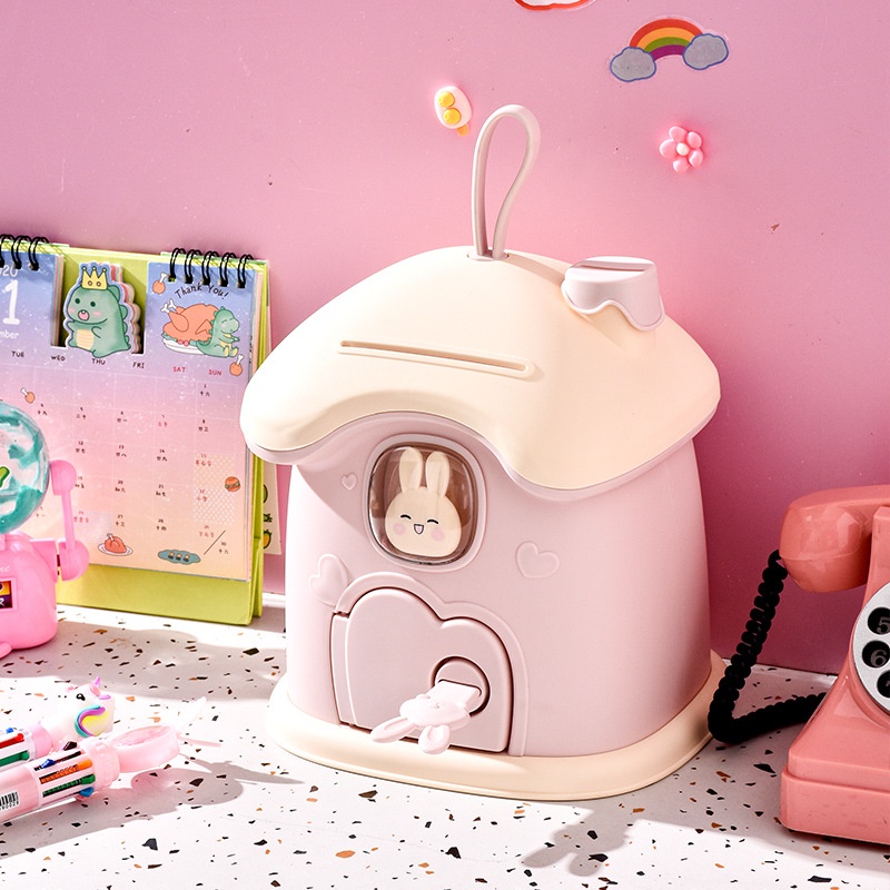 Ống Heo Tiết Kiệm Hình Thỏ Bunny Dễ Thương Sáng Tạo Ống Heo Tiết Kiệm Hình Ngôi Nhà Hoạt Hình Cỡ Lớn Có Khóa Tiện Dụng