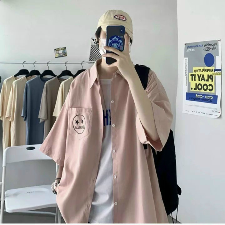 Áo Khoác Sơ Mi Nam Ngắn Tay Chất Kaki Mềm Mát Có Túi Trước Phối Mặt Cười Cá TÍnh Form Rộng Mặc Thoải Mái [NEW UNISEX]