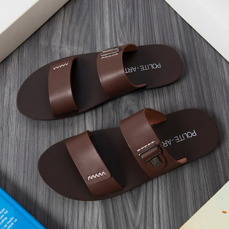 Dép nam quai ngang Polite - art D824 da bò cao cấp 2 màu - BH 6 Tháng