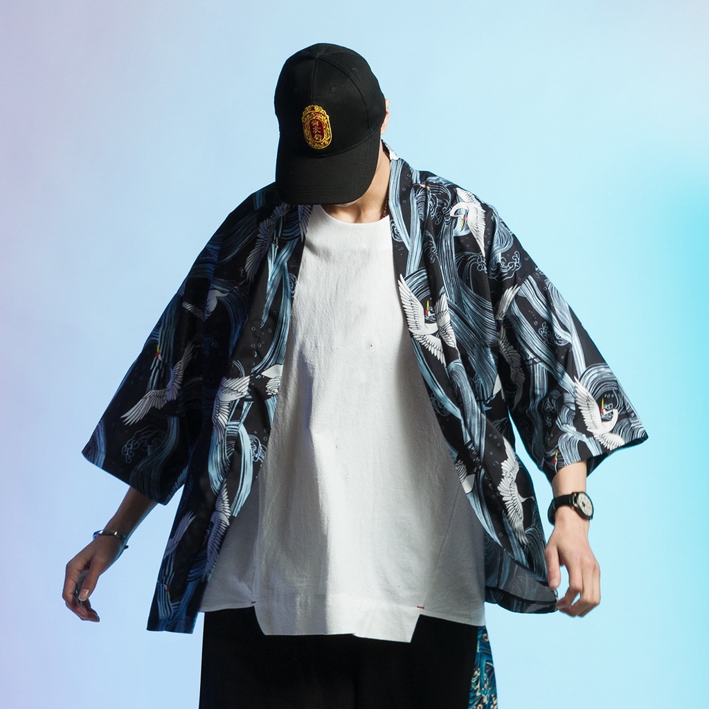 Áo Khoác Cardigan Tay Lỡ Họa Tiết Chim Hạc Phong Cách Nhật Bản