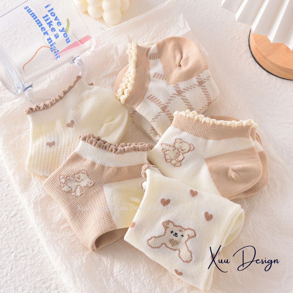Tất nữ cổ ngắn XUU cổ viền bèo họa tiết gấu dễ thương vải cotton co dãn - T10