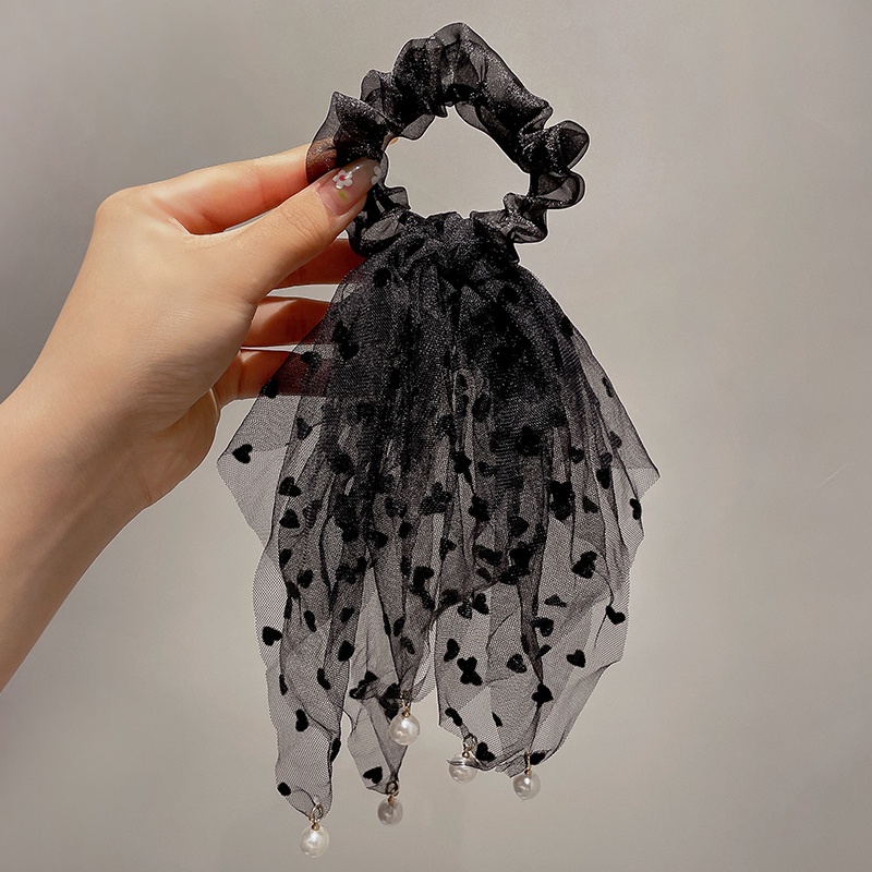 Dây Buộc Tóc Thắt Nơ Vải Lưới Họa Tiết Chấm Bi Đính Ngọc Trai Thời Trang Mùa Hè