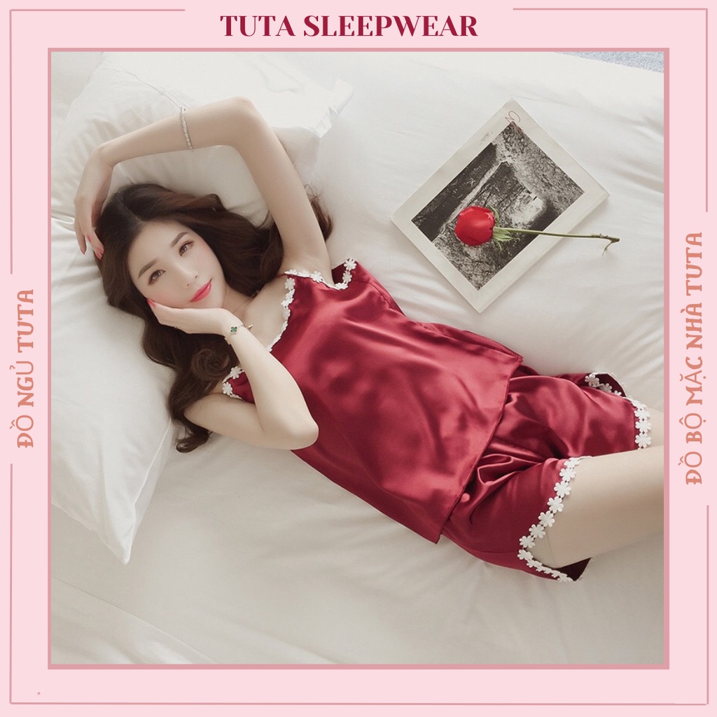 Bộ Lụa 2Dây Phối Ren Sexy Đồ Bộ Mặc Nhà Quần Đùi Dễ Thương.