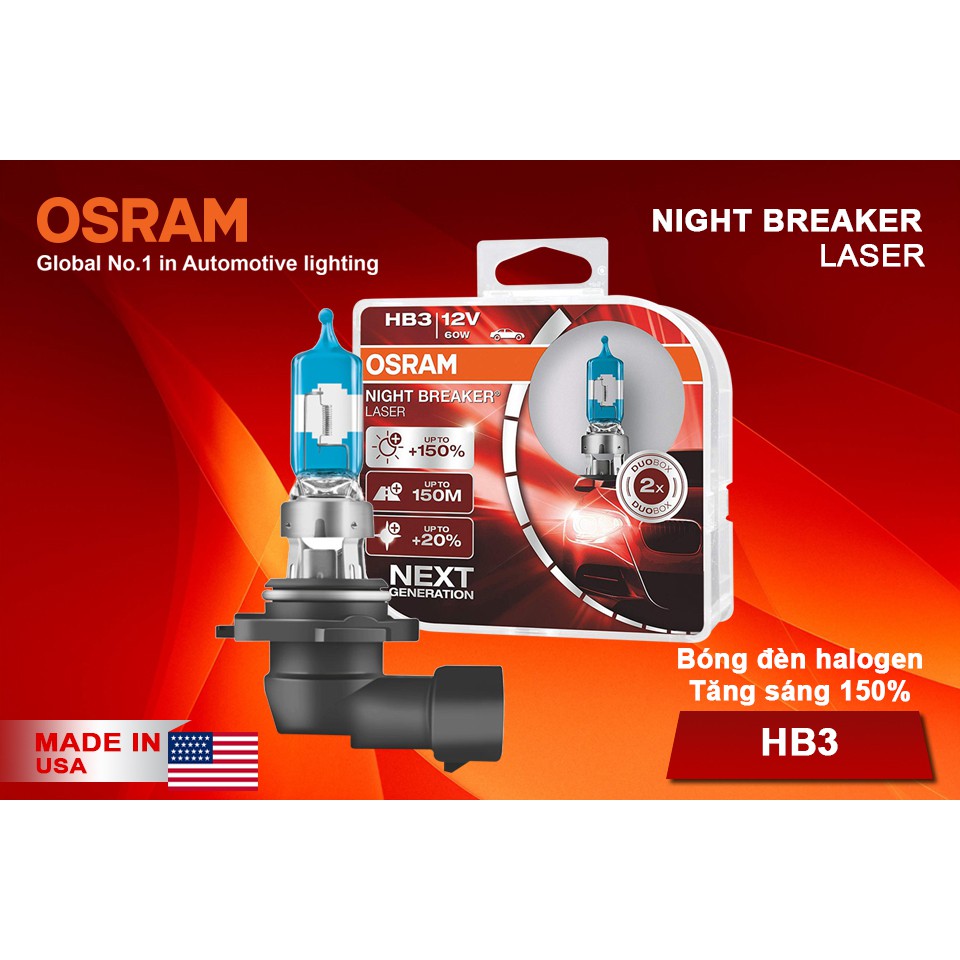 Combo 2 Bóng Đèn Halogen Tăng Sáng 150% OSRAM Night Breaker Laser HB3 12V 60W - Nhập Khẩu Chính Hãng