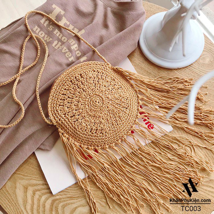 [NowShip - Giao Ngay] Túi Cói Boho Vintage Đeo Vai, Đeo Chéo Hình Tròn Đính Tua Rua Màu Nâu Be Trơn