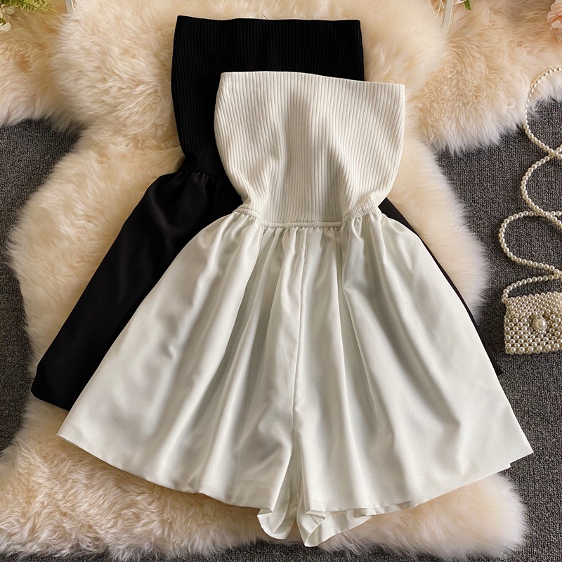 (sẵn trắng )Jumpsuit trơn màu cúp ngực bo thun quần bồng hot hit sang, thanh lịch