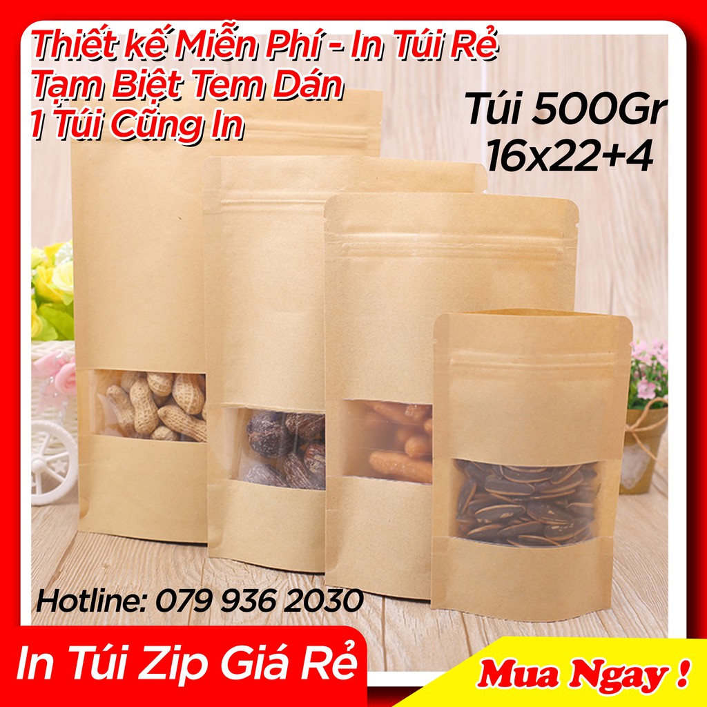 Size 16x22 - 100 Túi zipper giấy kraft đáy bầu dục - đựng được nước, cửa sổ đáy đứng - Có in lên túi giá rẻ