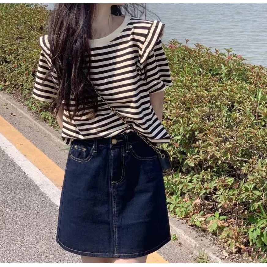 Set Áo Thun Ngắn Tay Họa Tiết Sọc Ngang Và Chân váy jean Thời Trang Dành Cho Nữ