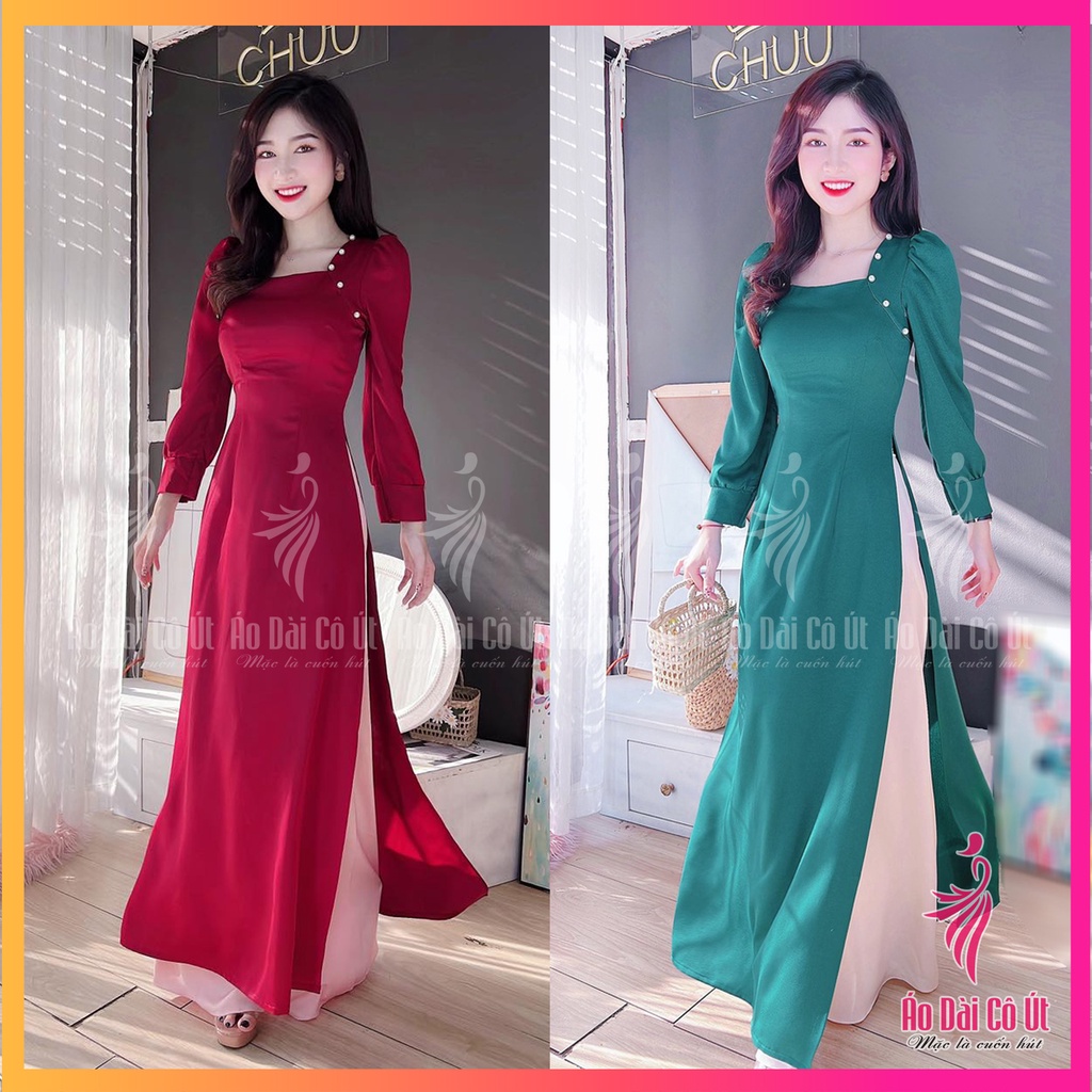 Áo Dài Truyền Thống Lụa Tây Thi Cổ Vuông Tay Bồng Đính Ngọc Hàng May Sẵn