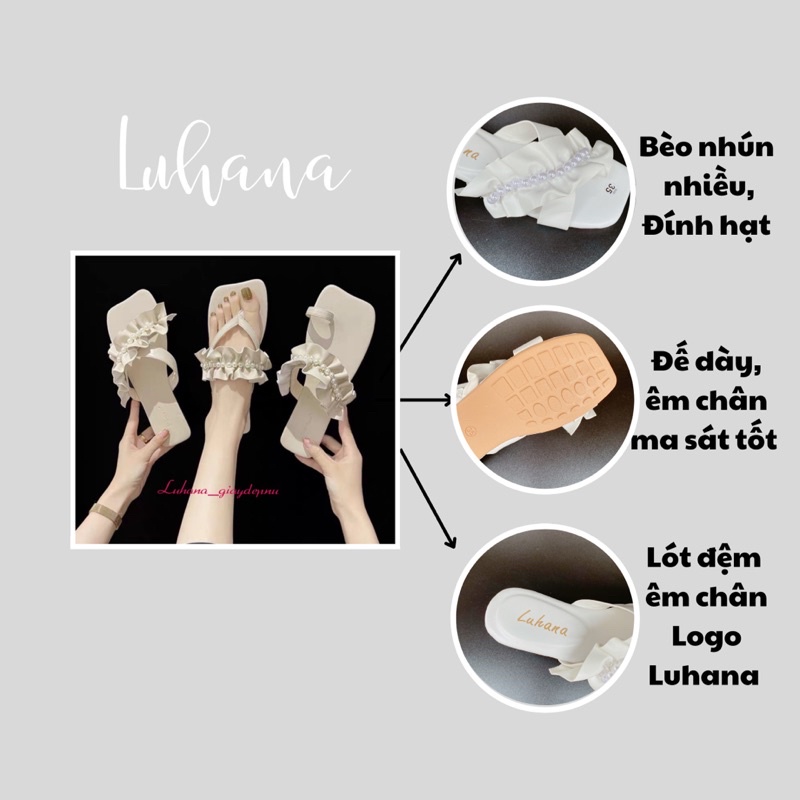 Dép lê nữ nhúm bèo đính ngọc dép kẹp xỏ ngón thời trang Luhana  ulzzang tiểu thư phong cách hàn quốc đi biển siêu xinh
