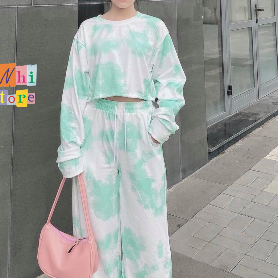 Áo Croptop Loang Màu 3D Ulzzang Rút Dây Tay Dài Dáng Rộng Màu Xanh Lá - MM