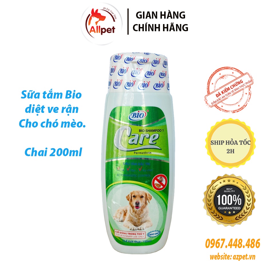 Sữa tắm chó mèo Bio Care, dầu tắm Bio hỗ trợ diệt ve rận cho chó mèo. Chai 150ml