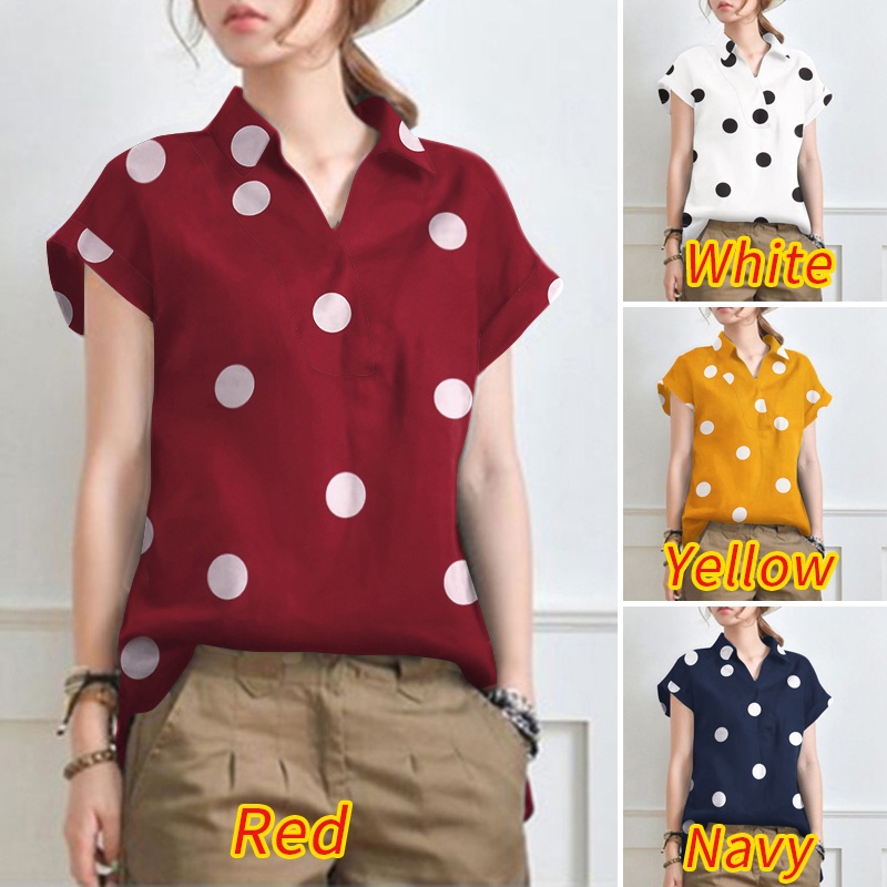 Áo sơ mi ZANZEA tay ngắn cổ bẻ họa tiết chấm bi phong cách Vintage dành cho nữ