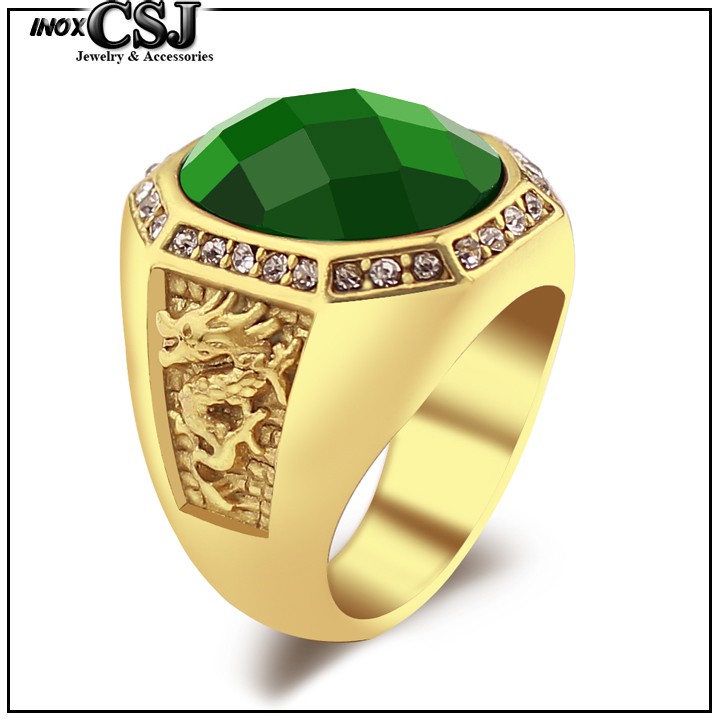 NHẪN NAM INOX MẠ VÀNG 2 BÊN CON RỒNG ĐÁ XANH LÁ siêu đẹp - tặng hộp đựng xinh xắn