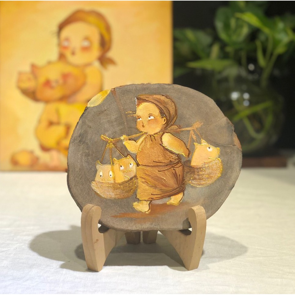 Tranh vẽ B/S Art Studio "Chị Dậu Bán Heo" trên chất liệu gỗ, phong cách làng quê