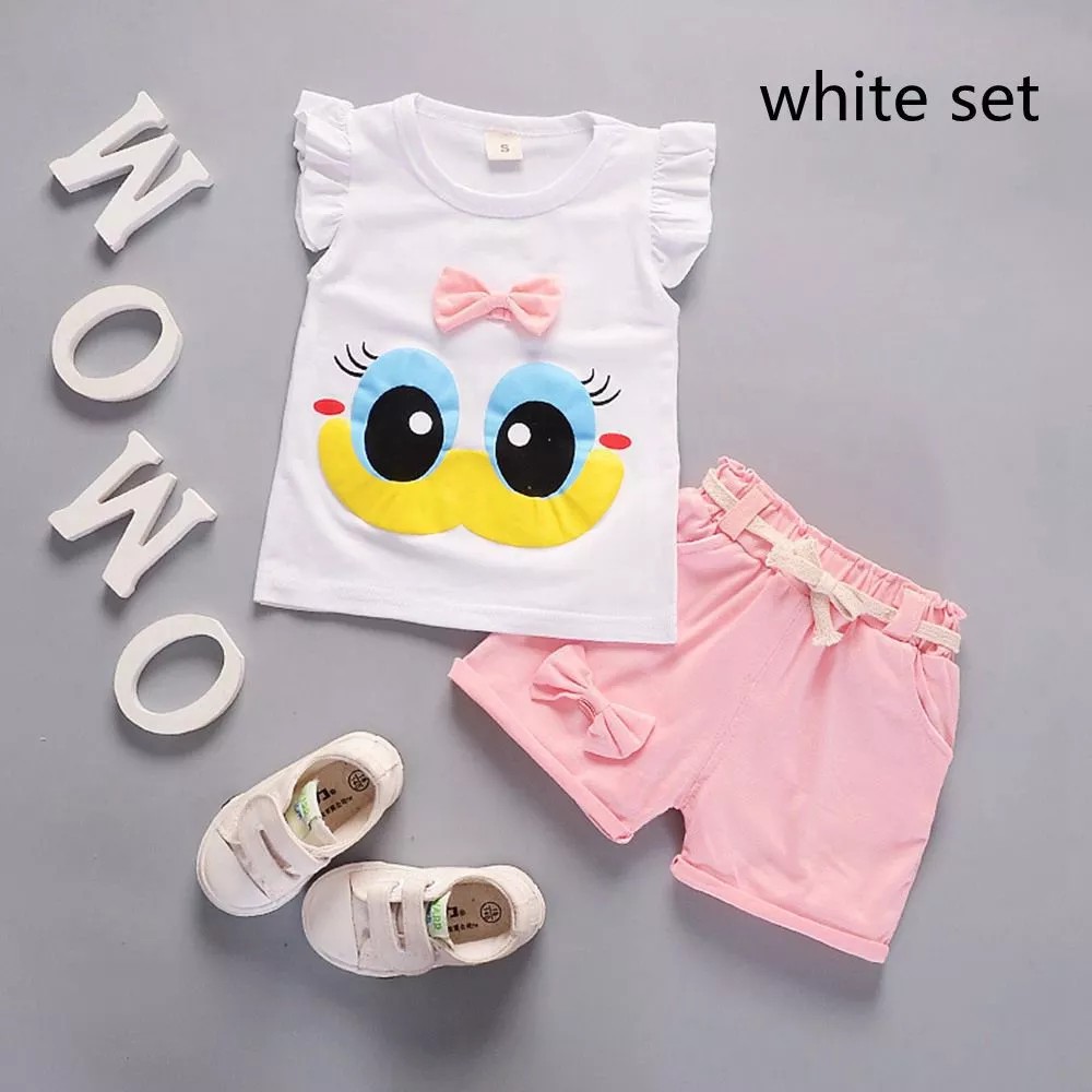 Bộ áo thun không tay + quần short bằng cotton in hình hoạt hình cho bé gái