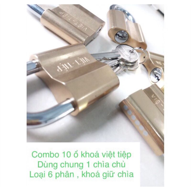 Combo 10 ổ khoá việt tiệp dùng chung 1 chìa chủ ( loại 6 phân , khoá giữ chìa , gồm 10 chìa sơ cua )