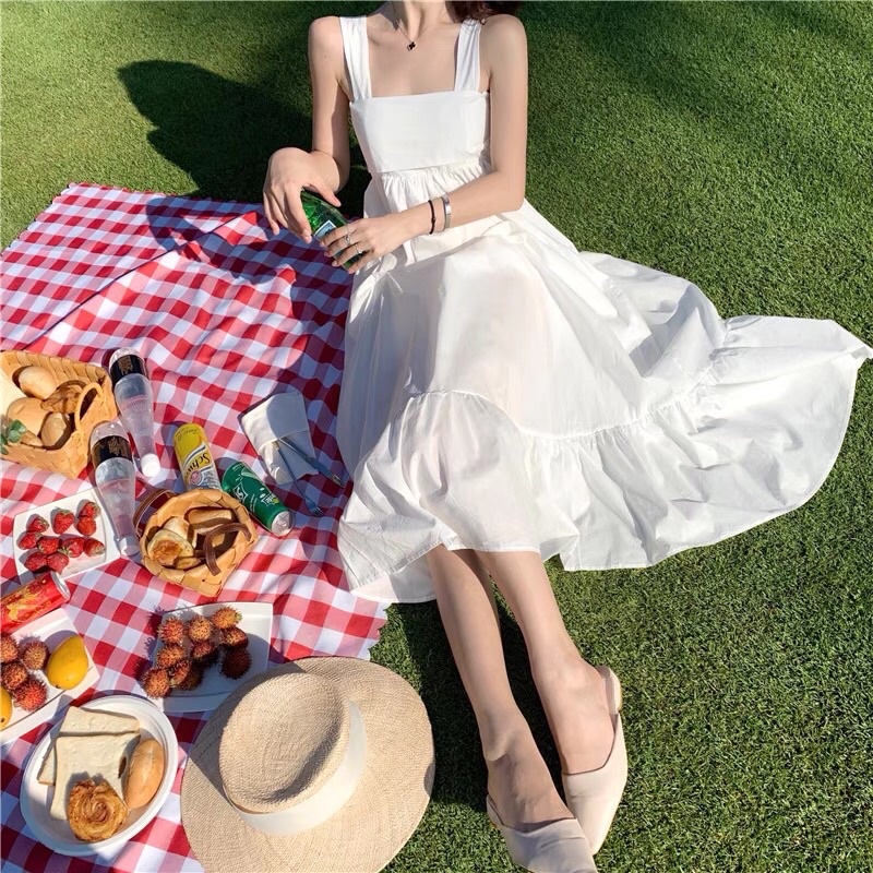 Đầm maxi dài hở lưng đi biển hot trend, Váy 2 dây bản to dáng dài màu trắng, đen đi biển đẹp Maitrangshop92 (TTA98)