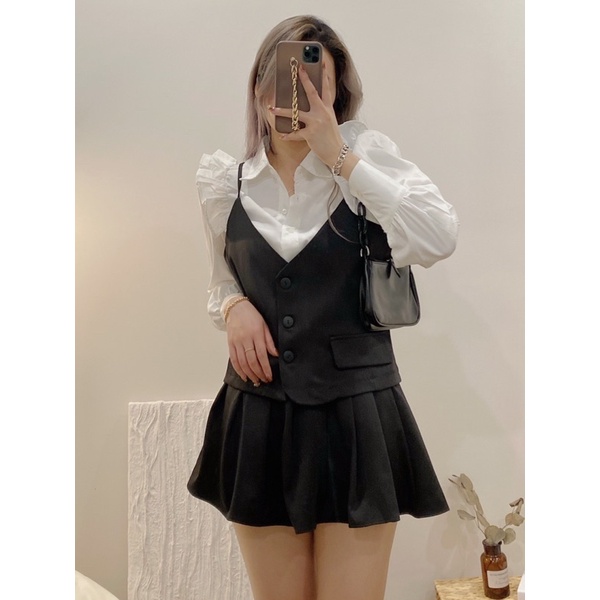 Set áo gile kèm sơ mi và chân váy xếp ly bánh bèo, tiểu thư B2.