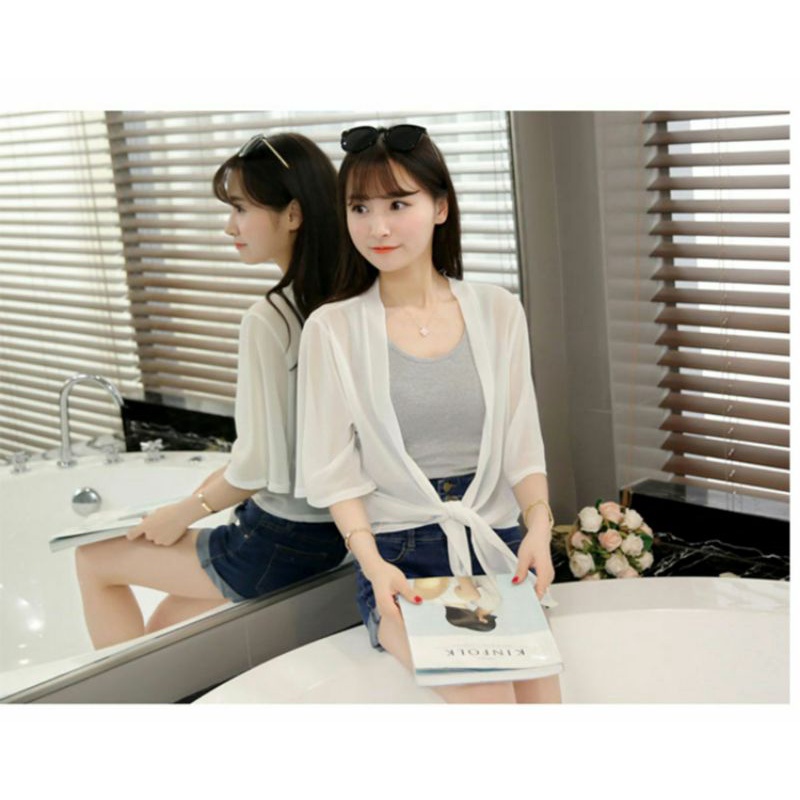(Sẵn đen) Áo cardigan voan mỏng thắt nơ tay lỡ | BigBuy360 - bigbuy360.vn