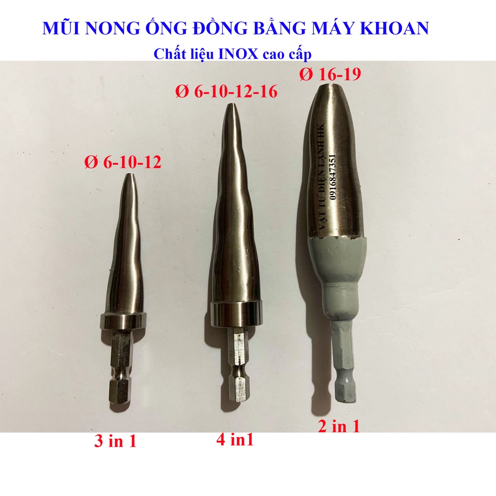 Nong ống đồng bằng khoan [INOX 304] Nong ống đồng phi 6-10-12-16-19 mũi long inox bằng máy bắt vít 3in1 4in1