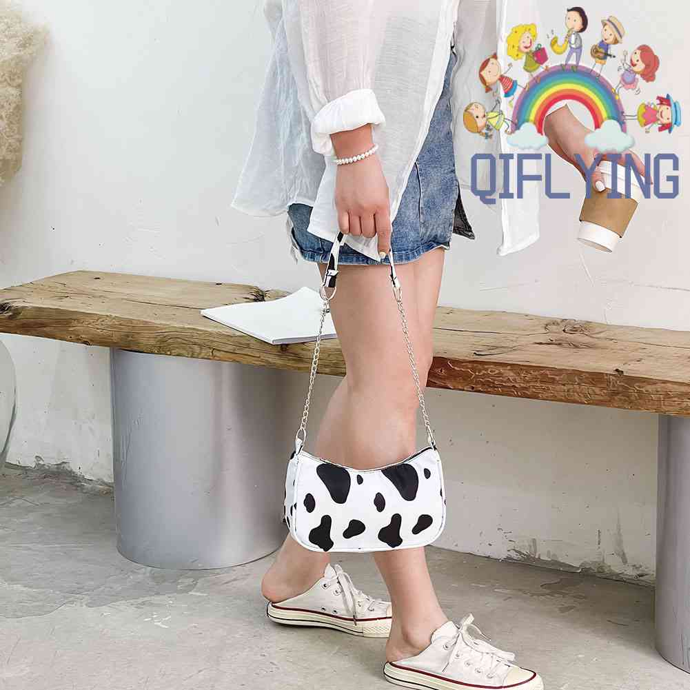 Túi Xách Kẹp Nách Chất Liệu Nylon In Họa Tiết Bò Sữa Thời Trang Cho Nữ