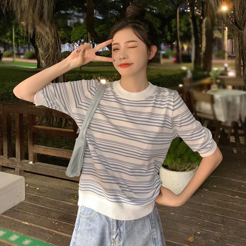 Áo Thun Dệt Kim Tay Ngắn Cổ Tròn Dáng Rộng Họa Tiết Kẻ Sọc Phong Cách Retro Hàn Quốc Cho Nữ