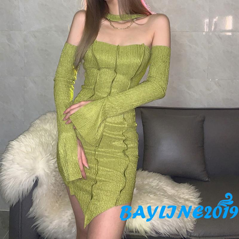 Đầm Dài Trễ Vai Tay Dài Màu Trơn Thời Trang Mùa Hè Cho Nữ