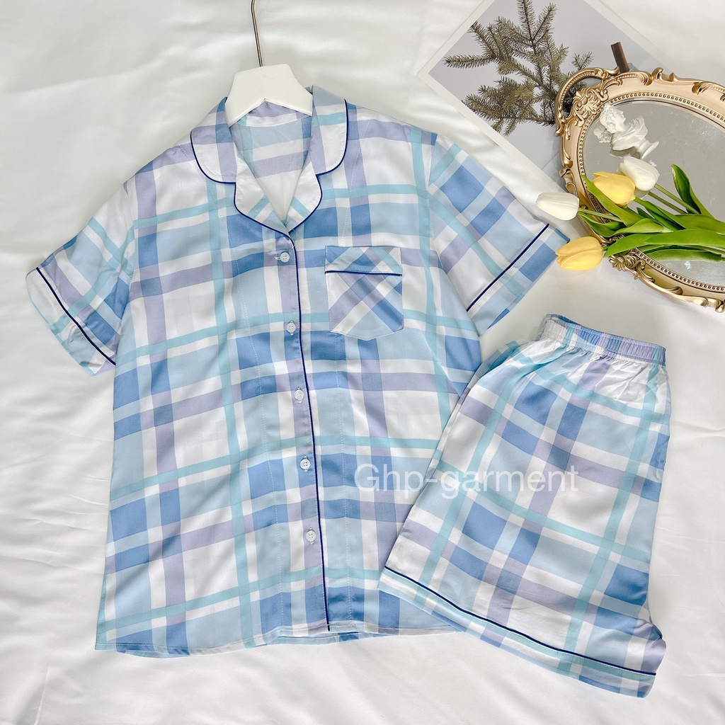 Đồ bộ mặc nhà nữ caro tay ngắn quần ngắn , Bộ pijama vải tole màu pastel GHP-Garment