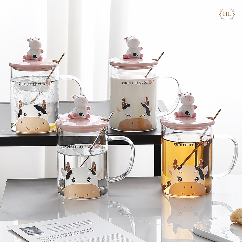 Ly thủy tinh chịu nhiệt Decor nắp sứ tạo hình bò sữa kèm thìa inox vàng gương | Cốc thủy tinh có quai CUTE LITTLE COW