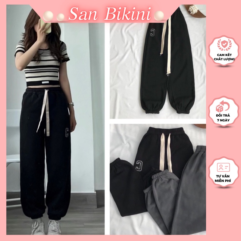 Quần Jogger Nỉ Nữ Ống Rộng Bo Gấu Cạp Chun Dây Rút Cao Cấp - Quần Thể Thao Jogger Mặc Ở Nhà Đi Học Tập Gym