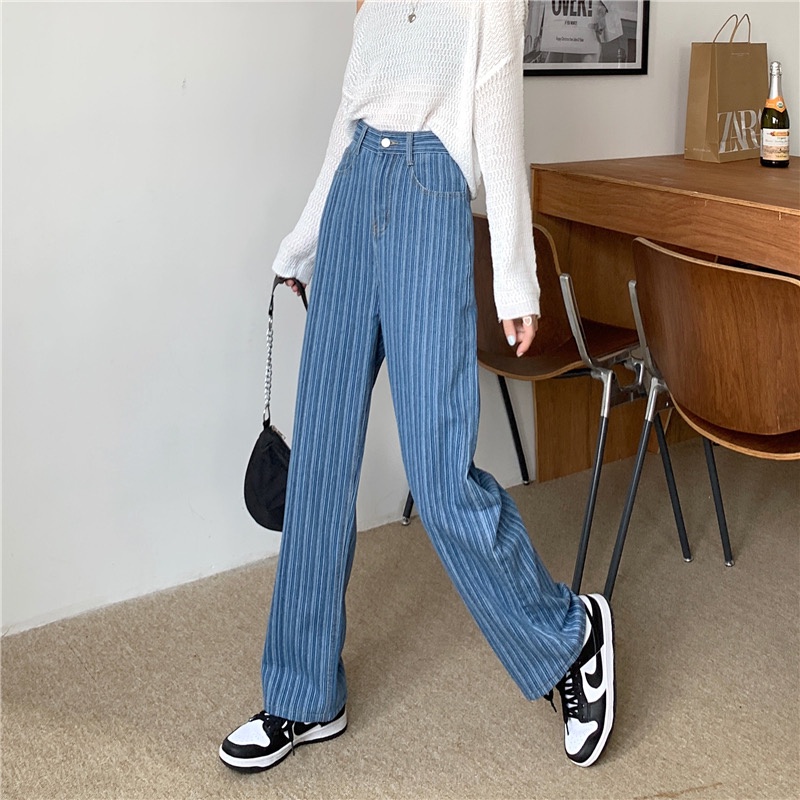 Quần jean nữ ống rộng lưng cao kẻ sọc phong cách Hàn Quốc