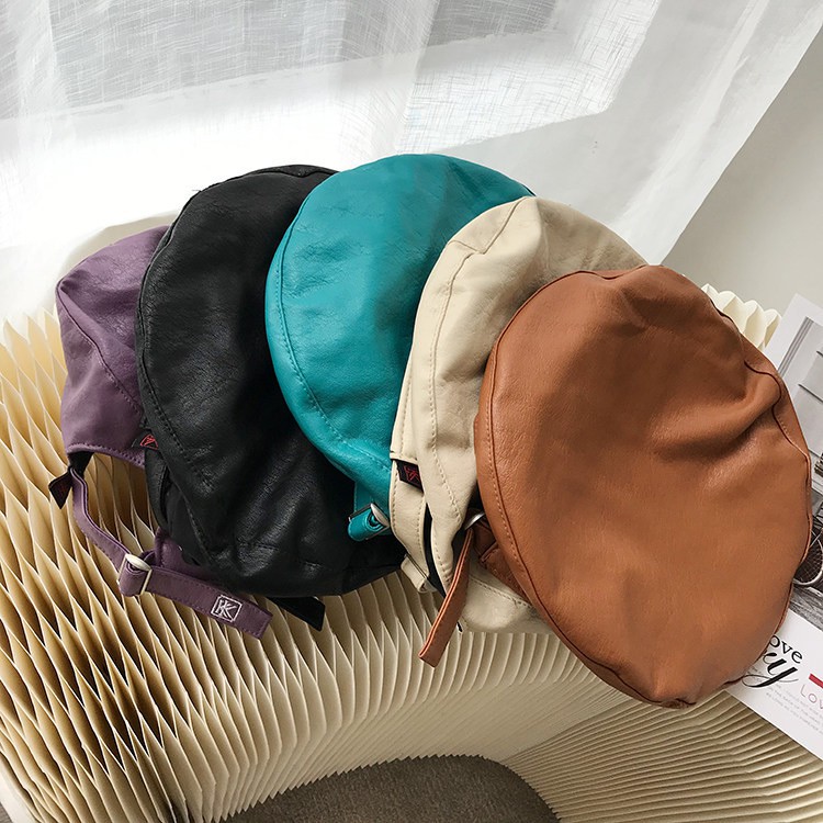 Mũ nồi da PU phong cách thời trang thu đông phong cách nghệ sĩ phương Tây Nhật Bản có thể điều chỉnh