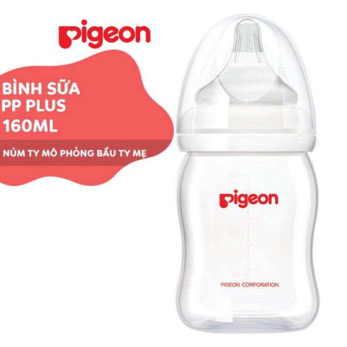 Bình sữa Pigeon 160ml / 240ml / 330ml cổ rộng PP Plus với núm vú silicone siêu mềm Plus  WOWDAD