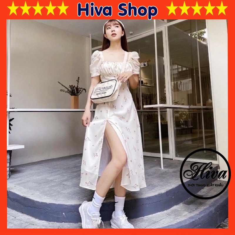 Váy vintage hoa nhí trắng xẻ tà chun ngực tay ngắn đi du lịch biển thu đông, Đầm dáng dài cộc tay 2 lớp