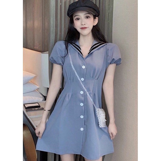 Đầm váy freesize xanh đậm viền sọc đen