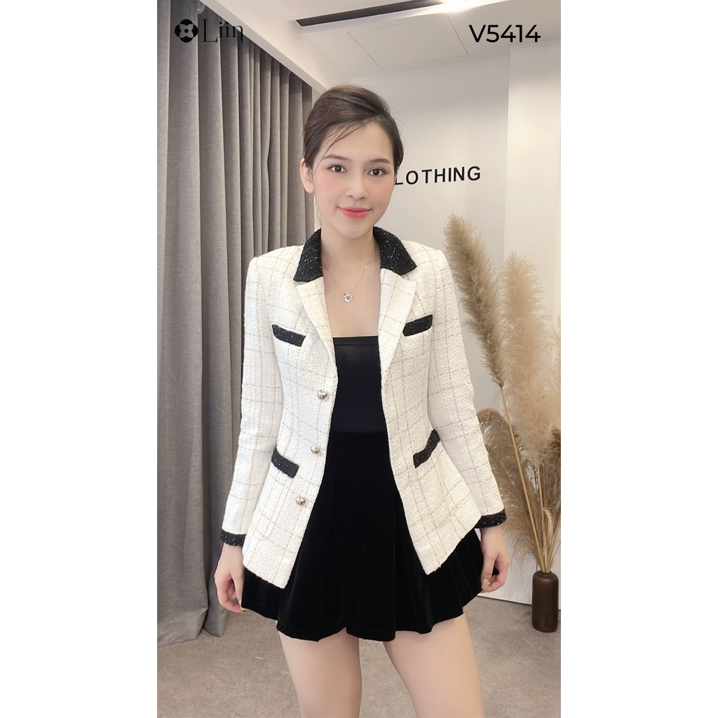 Áo vest dạ tweed màu trắng viền đen phong các sang trọng, thời thượng Liin Clothing V5414 | BigBuy360 - bigbuy360.vn
