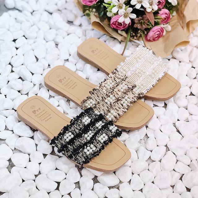 Dép ngọc phối vải tweed