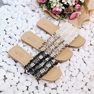 Dép ngọc phối vải tweed