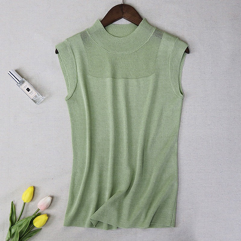 Áo không tay dệt kim cổ tròn phối vuông màu trơn thời trang mùa hè vintage gợi cảm dành cho nữ