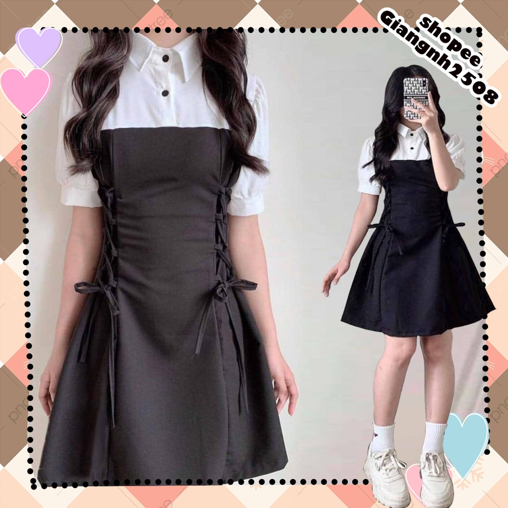 V015 Váy sơ mi trắng phối yếm đen dây đan eo tay lỡ công chúa bánh bèo, đầm thắt nơ eo tay bồng chữ A nữ tính tiểu thư