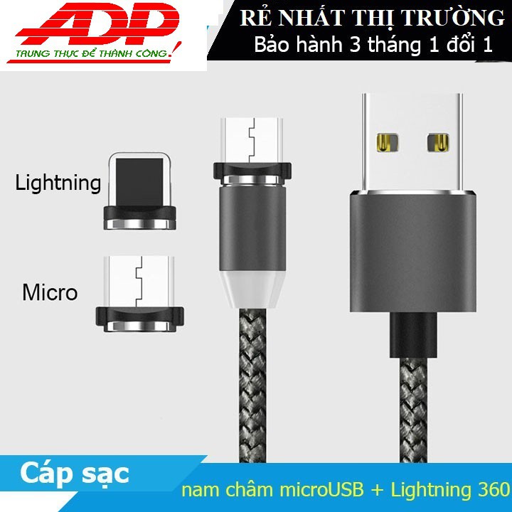 [COMBO 1 DÂY+3 ĐẦU SẠC] Cáp sạc từ hút nam châm đầu Iphone- micro USB - Type C - Dây dù - xoay 360 độ có LED cao cấp