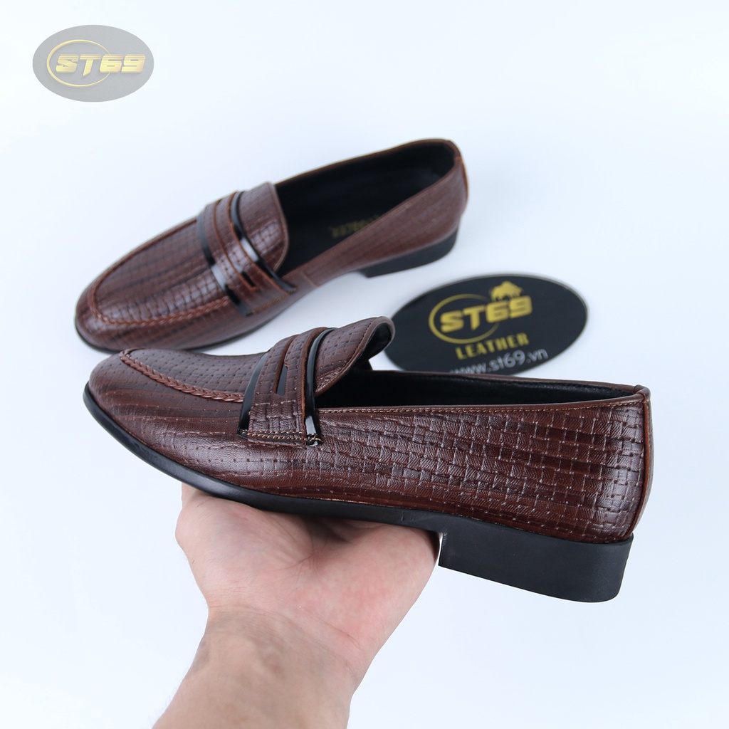 Giày Lười nam công sở phối quần âu ,giày mọi da bò 100% tăng chiều cao hoạ tiết  trẻ trung đế cao su đúc ST69 leather