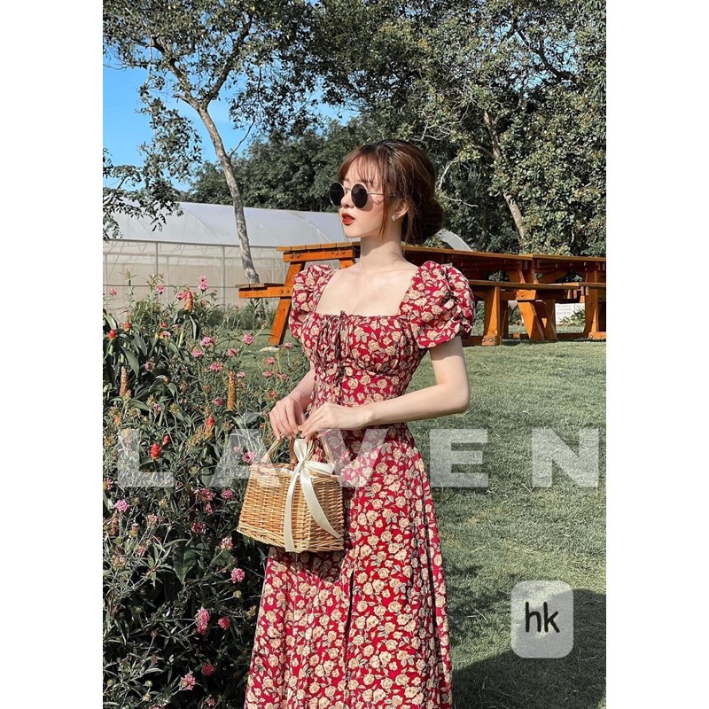 VÁY HOA NHÍ ĐỎ XẺ TÀ TAY BỒNG CỔ VUÔNG CHẤT MỊN MƯỚT ĐI BIỂN ĐI CHƠI SIÊU XINH | BigBuy360 - bigbuy360.vn