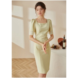 Đầm công sở dáng bút chì cổ vuông U tay ngắn phối voan