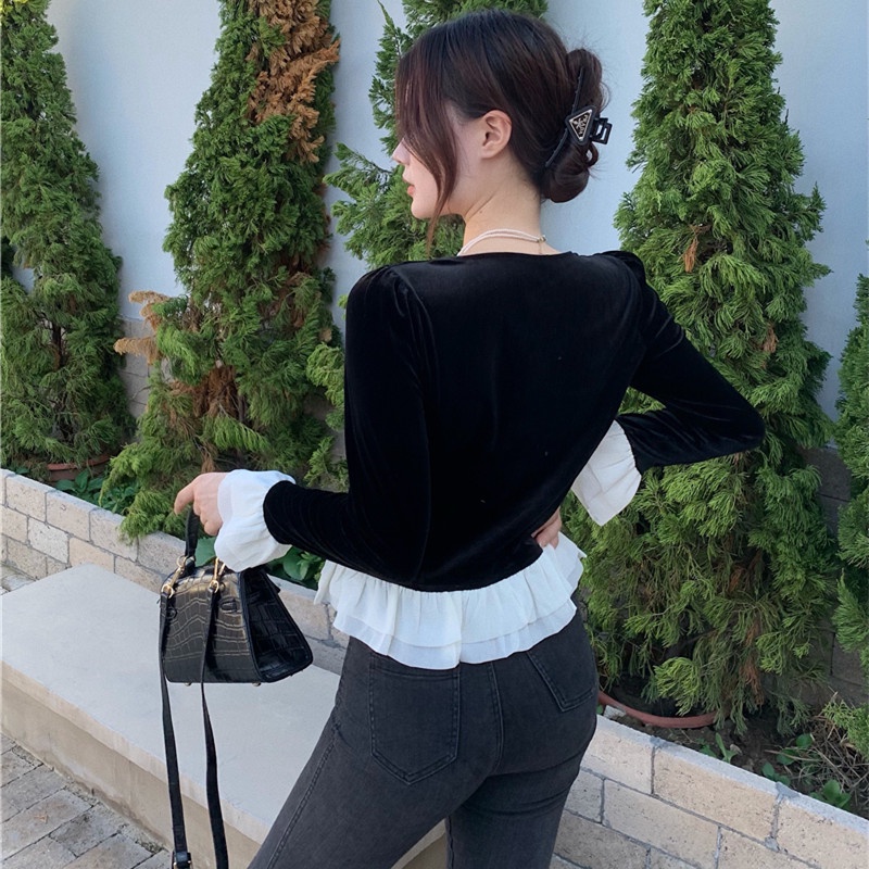 Áo nhung tay dài phối bèo thời trang mùa đông dễ phối đồ