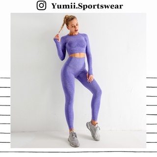 [ Yumii ] Bộ Quần Áo Thể Thao Tập Gym Yoga Nữ - Set Đồ Tập Thể Thao Dài Dáng Áo Croptop Tay Dài, Chất Thun Dệt Co Giãn